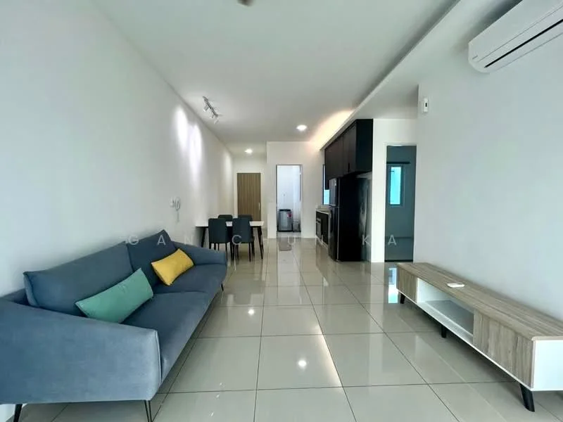 Living features: grey fabric sofa, colorful throw pillows, white wall, recessed lighting, glossy tile flooring, wall-mounted air conditioning unit, TV console, open layout, dining area visible in background; style: modern.