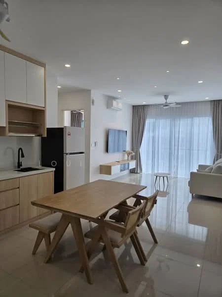 Living features: white painted walls, glossy tile flooring, recessed downlights, 5-blade ceiling fan with light, floor-to-ceiling windows, sheer curtains, wall-mounted TV, light wood cabinetry, black refrigerator, stainless-steel sink, wood dining table, 4 wooden dining chairs, sofa in light fabric, decorative wall shelf; style: modern; view: garden.