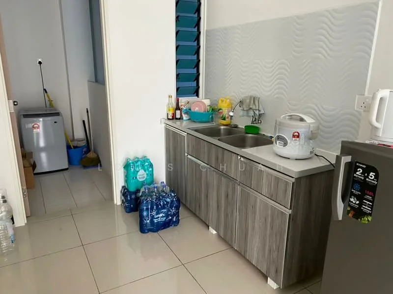 Kitchen features: grey wood cabinetry, double-bowl stainless-steel sink, chrome pull-down faucet, white countertop, ceramic tile flooring, wall-mounted storage shelves, small refrigerator, rice cooker, bottled water, cleaning supplies, plastic containers, kitchen utensils; style: modern.