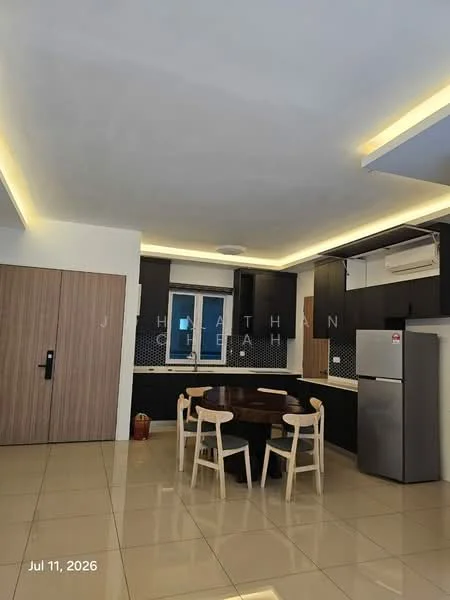 Dining features: round dining table, 4 wooden dining chairs, black cabinetry, white walls, tile flooring, recessed LED downlights, air conditioning unit, window with view, stainless-steel fridge, kitchen countertop with backsplash; style: modern. Room features: wooden door, light ceiling with LED strip lighting.