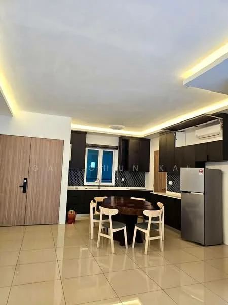 Kitchen features: brown wooden cabinetry, black countertop, stainless-steel fridge, built-in oven, 4-burner gas hob, black mosaic tile backsplash, round dining table, 4 wooden dining chairs, recessed LED downlights, cream tiled flooring, window with blue frame, air conditioning unit; style: modern.