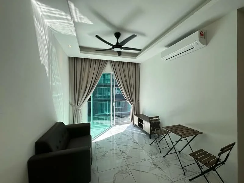 Living features: 5-blade ceiling fan with light, wall-mounted split AC, grey fabric sofa, marble tile flooring, white painted walls, floor-to-ceiling windows, curtains, wooden coffee table, 2 folding chairs; style: modern; view: city.