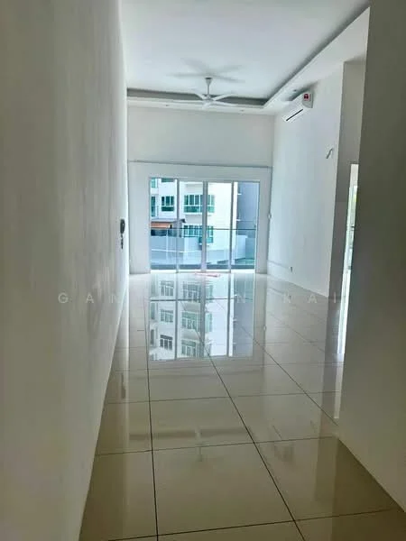 Room features: white painted walls, glossy tile flooring, 5-blade ceiling fan, sliding glass door, floor-to-ceiling windows, natural light, air conditioning unit, open layout; style: modern; view: garden.