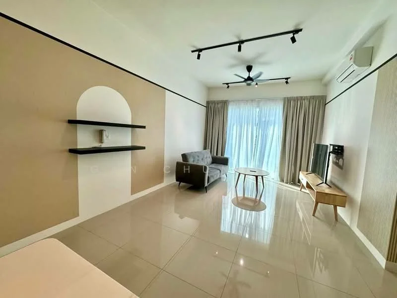 Living features: grey fabric sofa, round coffee table, wall-mounted TV, TV console in light wood, floor-to-ceiling windows, sheer curtains, white painted walls, cream accent wall, recessed LED downlights, ceiling fan, glossy tile flooring, shelf unit on wall; style: modern.