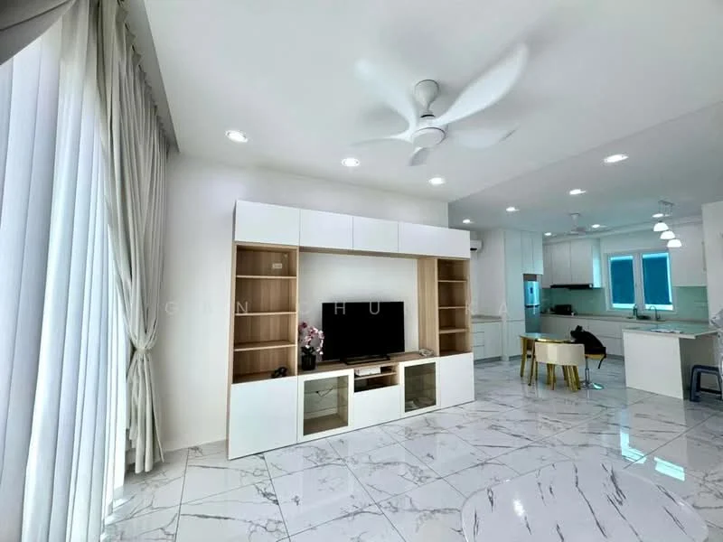 Living features: white painted walls, marble tile flooring, 5-blade ceiling fan with light, wall-mounted TV, white TV console with glass doors, built-in shelving, large windows with sheer curtains, recessed downlights; style: modern. Kitchen features: white cabinetry, kitchen island, stainless-steel appliances, large windows, recessed downlights; style: modern.