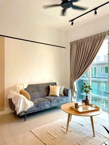 Living features: 3-seater fabric sofa in grey, decorative throw blanket on sofa, round wooden coffee table, area rug, floor-to-ceiling windows, sheer curtains, ceiling fan, track lighting, decorative vase with plants, wall-mounted artwork, neutral painted walls, tile flooring; style: modern; view: city.