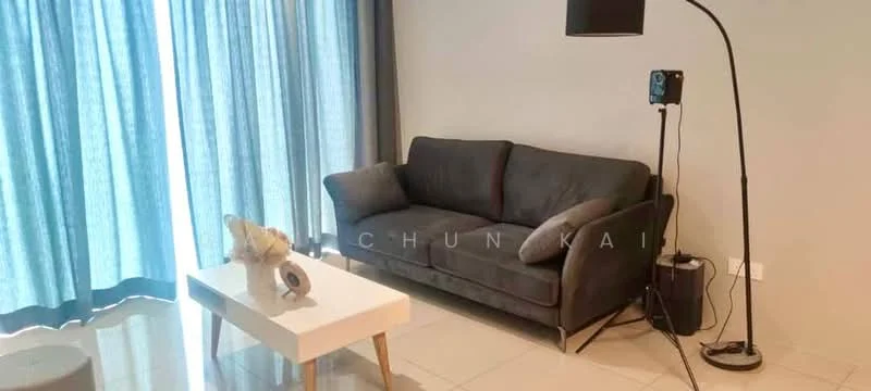 Living features: grey fabric sofa, white coffee table, floor lamp, curtains in light blue, glossy tile flooring, decorative sculpture on table, wall-mounted device, neutral wall color; style: modern.