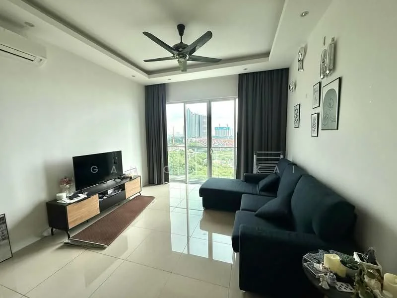 Living features: light grey painted walls, white ceiling with recessed lighting, 5-blade ceiling fan with light, large floor-to-ceiling windows, sliding glass door, dark blue L-shape sectional sofa, wooden TV console, wall-mounted TV, cream area rug, decorative wall art, curtains, plant in ceramic pot, metal shelving unit; style: modern; view: city.