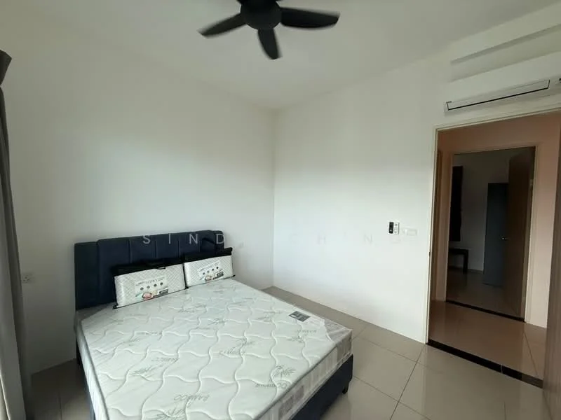 Bedroom features: queen-size bed, upholstered headboard, 2 bedside pillows, ceiling fan, wall-mounted air conditioning unit, white painted walls, tile flooring, doorway leading to another room; style: modern.