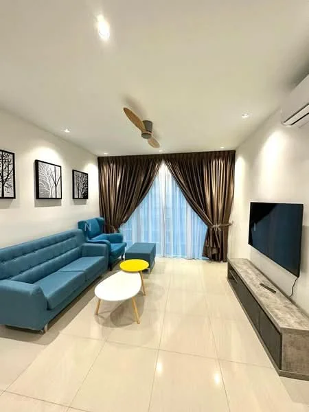 Living features: 3-seater fabric sofa in blue, single armchair in blue, white round coffee table with yellow accent, TV console with grey cabinetry, wall-mounted TV, floor-to-ceiling windows with sheer curtains, brown curtain drapes, recessed downlights, ceiling fan with wooden blades, cream tiled flooring, framed artwork on walls; style: modern.