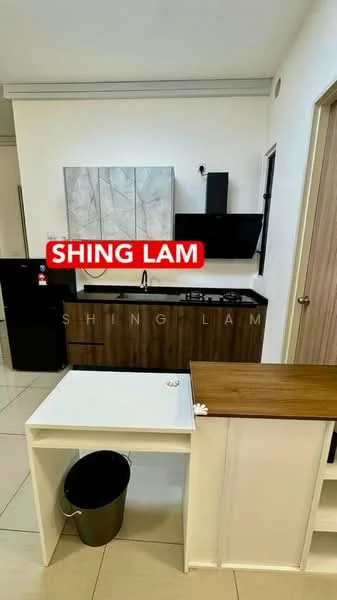 Kitchen features: black countertop, wood cabinetry, stainless-steel sink, 4-burner gas hob, built-in oven, black range hood, refrigerator, tile flooring, wall-mounted cabinets, open shelving, kitchen island with wooden top, waste bin; style: modern.