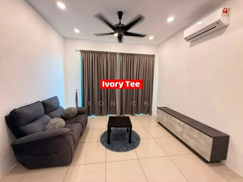 Living features: 3-seater fabric sofa in dark grey, coffee table, TV console with grey and white finish, wall-mounted split AC, ceiling fan with light, grey curtains, white painted walls, tile flooring; style: modern.