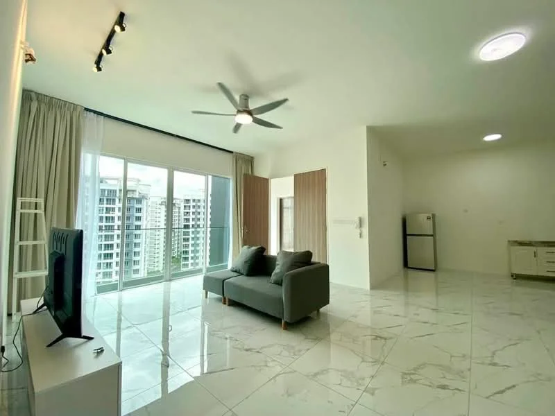 Living features: 3-seater fabric sofa in grey, floor-to-ceiling windows, sliding glass door, white painted walls, marble tile flooring, 5-blade ceiling fan with light, recessed LED downlights, wall-mounted TV, TV console, curtains, decorative mirror; style: modern; view: city.