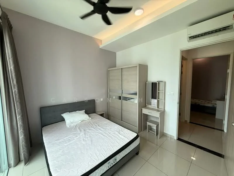Bedroom features: queen-size bed, upholstered headboard, built-in wardrobe with sliding doors, study desk, ceiling fan, recessed downlights, floor-to-ceiling windows, grey painted walls, tile flooring, curtains, mirror on desk; style: modern.