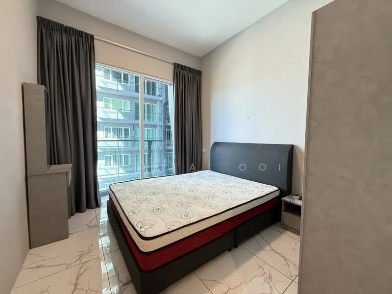 Bedroom features: queen-size bed, grey upholstered headboard, white mattress with patterned bedding, floor-to-ceiling windows, grey curtains, white painted walls, marble tile flooring, built-in wardrobe, nightstand, decorative wall panel; style: modern; view: city.