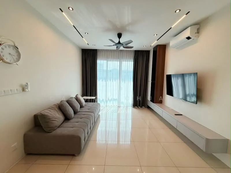 Living features: 3-seater fabric sofa in grey, wall-mounted TV, TV console with storage, floor-to-ceiling windows, sheer curtains, recessed LED downlights, ceiling fan, white tiled flooring, light-coloured walls, decorative wall clock; style: modern; view: city.