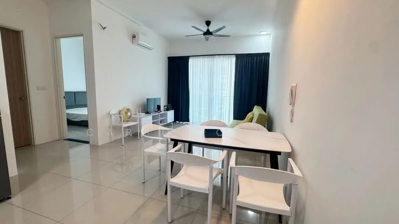Dining features: white dining table, 4 white dining chairs, ceiling fan with light, large window with sheer curtains, grey sofa, TV console, wall-mounted TV, tile flooring, air conditioning unit, decorative wall art; style: modern. Living features: grey sofa, TV console, wall-mounted TV, large window with sheer curtains, tile flooring; style: modern.