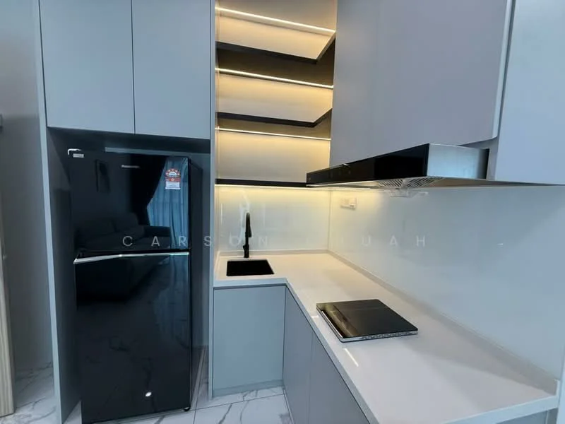 Kitchen features: black refrigerator, single-bowl stainless-steel sink, chrome pull-down faucet, white quartz countertop, grey cabinetry, built-in range hood, recessed LED downlights, backlit shelving, marble tile flooring, wall-mounted kitchen cabinet; style: modern.