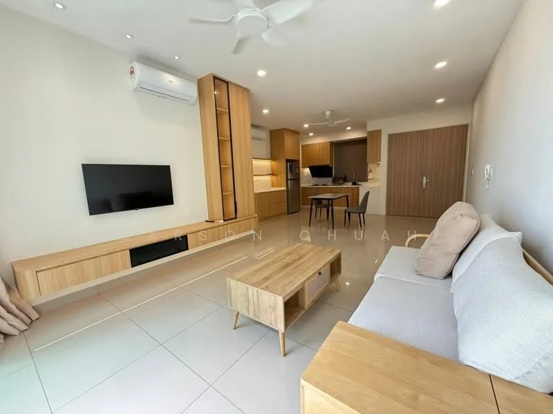 Living features: 3-seater fabric sofa in light grey, wooden coffee table, wall-mounted TV, TV console in light wood, recessed downlights, ceiling fan, large windows with sheer curtains, glossy ceramic tile flooring, air conditioning unit on wall, open layout to kitchen, neutral painted walls; style: modern. Kitchen features: kitchen island with seating, built-in cabinetry in light wood, stainless-steel appliances, recessed lighting, open-plan layout, glossy ceramic tile flooring; style: modern.