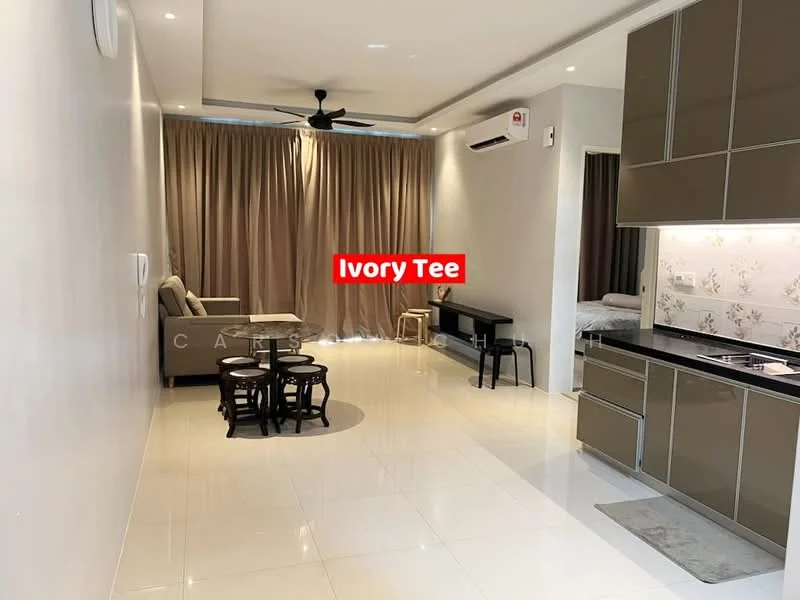 Living features: white painted walls, glossy white tile flooring, 5-blade ceiling fan with light, sofa in grey fabric, coffee table, curtains in beige, wall-mounted air conditioning unit, decorative wall art; style: modern. Kitchen features: black countertop, built-in cabinets in grey, stainless-steel sink, stainless-steel range hood, built-in stove; style: modern.