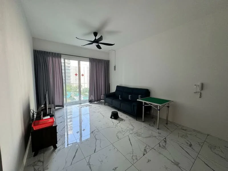 Living features: grey fabric sofa, ceiling fan, floor-to-ceiling windows, sliding glass door, curtains in grey, white painted walls, marble tile flooring, TV console, wall-mounted TV, small dining table, decorative wall art; style: modern; view: city.