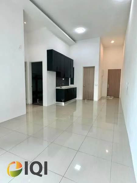 Living features: white painted walls, glossy ceramic tile flooring, recessed downlights, kitchenette with black cabinetry, black countertop, white backsplash, single-door fridge, door leading to hallway, door leading to bedroom, open layout, high ceiling; style: modern.