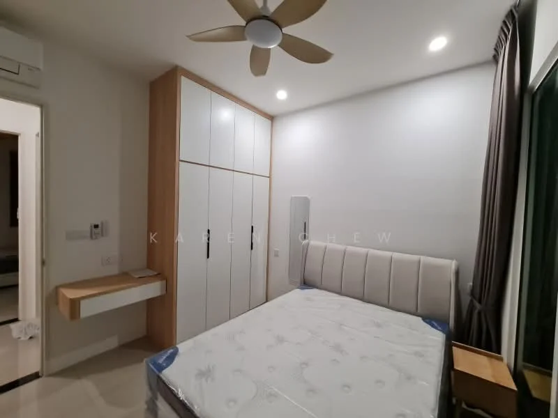Bedroom features: queen-size bed, upholstered headboard, built-in wardrobe with sliding doors, wall-mounted bedside table, floor-to-ceiling window, curtains, ceiling fan with light, white painted walls, tile flooring; style: modern.