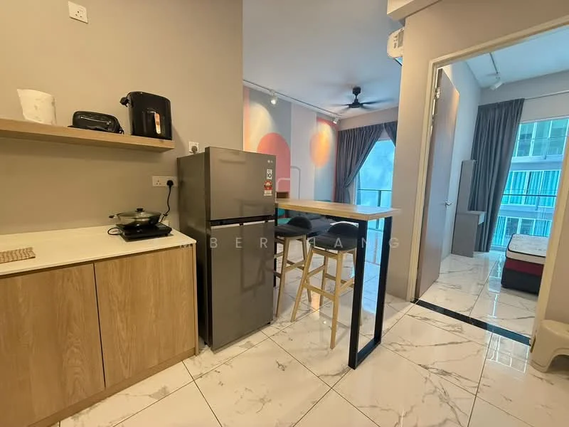 Kitchen features: stainless-steel fridge, wooden cabinetry, white countertop, black electric stove, bar stools, marble tile flooring, ceiling fan, open shelving; style: modern. Room features: floor-to-ceiling windows, curtains, grey wall, doorway leading to another room.