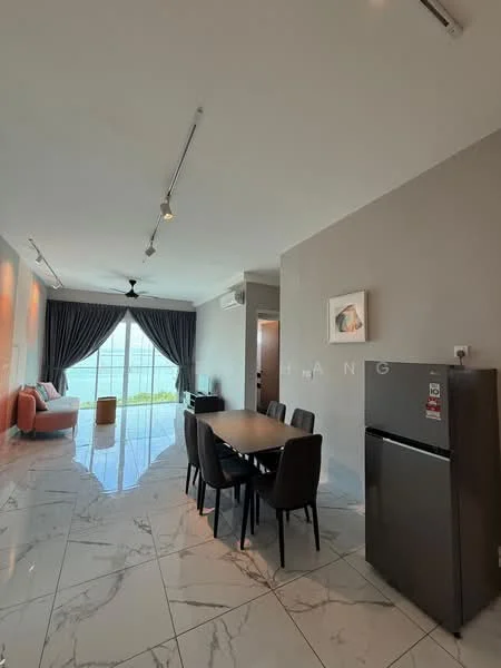 Living features: marble tile flooring, grey painted walls, 5-blade ceiling fan with light, floor-to-ceiling windows, sliding glass door, blackout curtains, sofa in orange, dining table with 6 chairs, refrigerator in black, artwork on wall, decorative mirror; style: modern; view: garden.