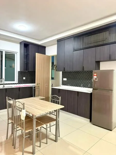 Kitchen features: dark wood cabinetry, white countertop, black and white mosaic tile backsplash, stainless-steel fridge, 4-seater dining table, metal dining chairs, floor-to-ceiling windows, ceramic tile flooring, recessed ceiling lights, open layout, kitchen island, built-in oven, sink with faucet; style: modern.