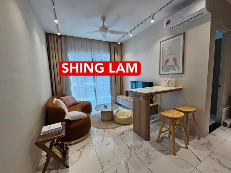 Living features: brown fabric curved sofa, round coffee table, TV console, wall-mounted TV, 2 wooden bar stools, open kitchen counter, marble tile flooring, recessed downlights, ceiling fan, floor-to-ceiling windows with sheer curtains, decorative wall art; style: modern.
