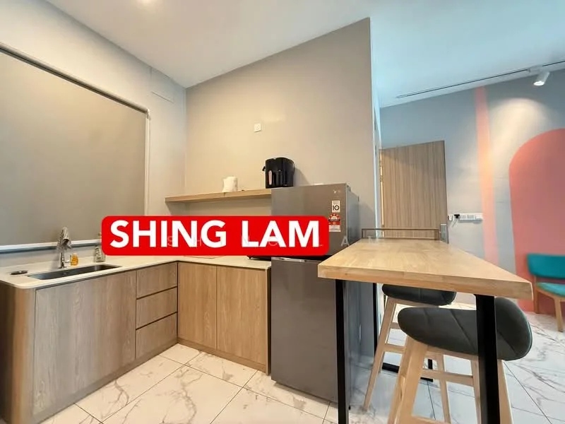 Kitchen features: single-bowl stainless-steel sink, chrome pull-down faucet, wood cabinetry, white countertop, built-in fridge, open shelving, marble tile flooring, grey painted walls, bar counter with stools, recessed lighting; style: modern.