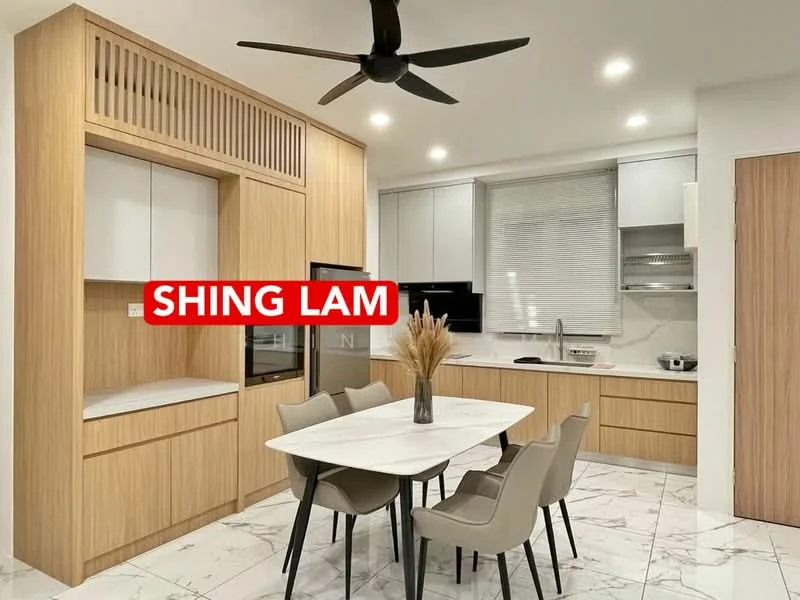 Kitchen features: wood cabinetry, white upper cabinets, built-in oven, stainless-steel microwave, stainless-steel sink, chrome pull-down faucet, white quartz countertop, marble tile flooring, 5-blade ceiling fan, dining table with 4 chairs, decorative vase on table, roller blinds on window; style: modern.