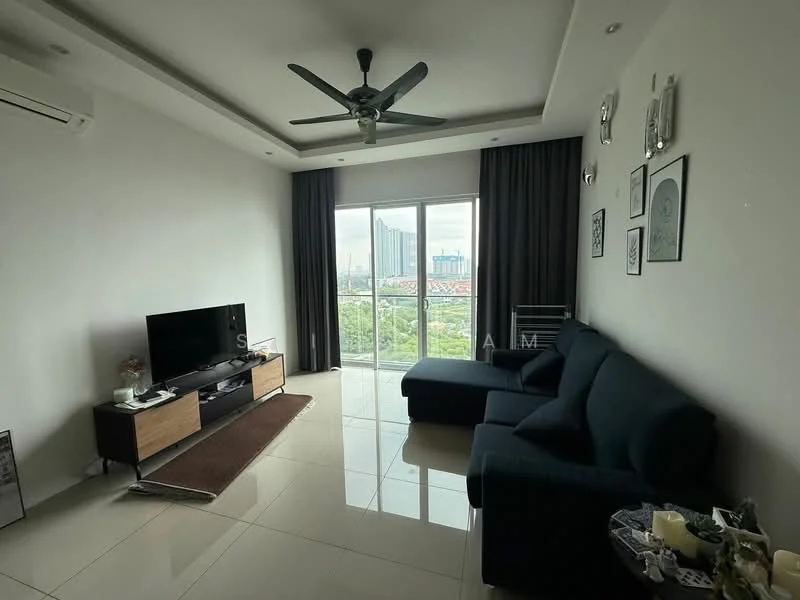 Living features: 3-seater fabric sofa in dark blue, coffee table, wall-mounted TV, TV console with storage, floor-to-ceiling windows, sliding glass door, curtains, ceiling fan with light, recessed downlights, white painted walls, glossy tile flooring, decorative wall art, area rug; style: modern; view: city.