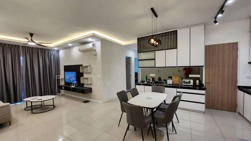 Living features: white painted walls, grey accent wall, recessed downlights, 5-blade ceiling fan with light, floor-to-ceiling windows with sheer curtains, light-coloured tiled flooring, wall-mounted TV, black entertainment unit, round dining table, upholstered dining chairs, kitchen area with black cabinetry, stainless-steel sink, black countertop, built-in appliances; style: modern.