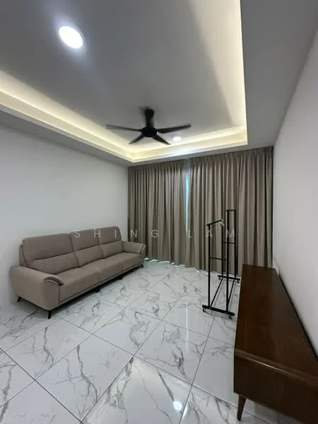 Living features: 3-seater fabric sofa in beige, marble tile flooring, recessed downlights, 5-blade ceiling fan, floor-to-ceiling windows, sheer curtains, wooden console table, crown moulding; style: modern.