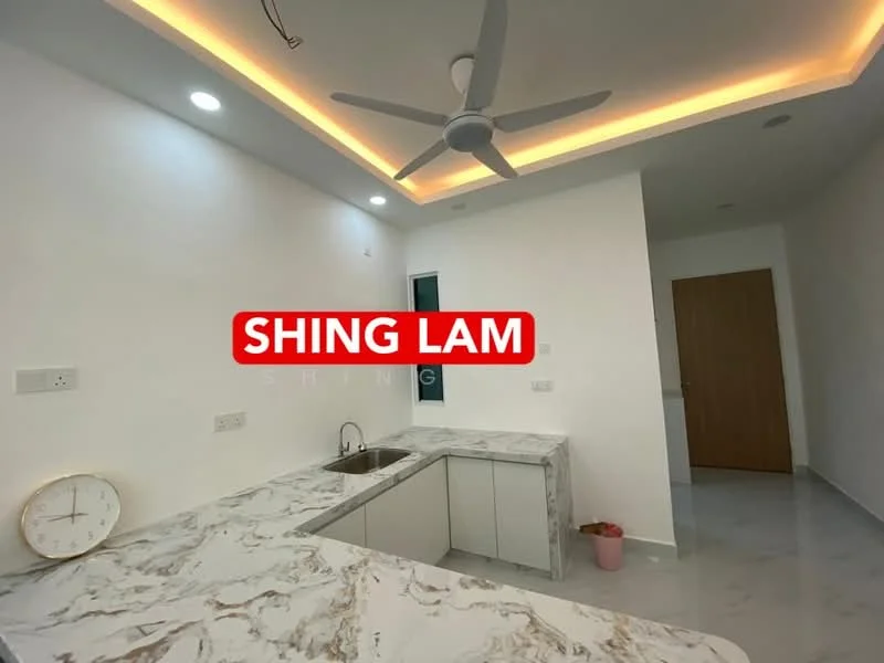 Kitchen features: marble countertop, single-bowl stainless-steel sink, chrome pull-down faucet, white cabinetry, recessed downlights, 5-blade ceiling fan, wall-mounted clock, lighted ceiling with LED strip, open layout, white painted walls, tile flooring; style: modern.