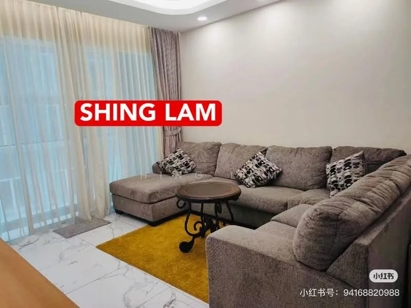 Living features: L-shape sectional sofa in grey, decorative cushions, round coffee table, area rug in yellow, floor-to-ceiling windows, sheer curtains, marble tile flooring, recessed downlights, wall-mounted light fixture; style: modern.