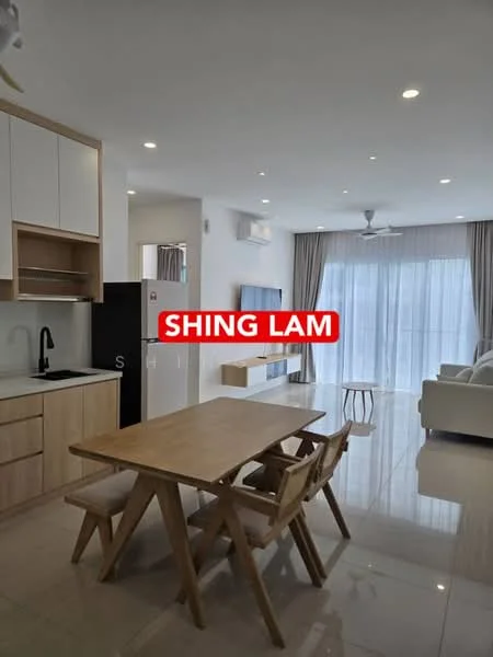 Living features: white painted walls, glossy tile flooring, recessed downlights, 5-blade ceiling fan with light, floor-to-ceiling windows, sheer curtains, TV console, wall-mounted TV, sofa in light color, dining table with wooden finish, 3 wooden chairs; style: modern.