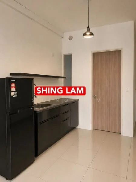 Kitchen features: black cabinetry, stainless-steel sink, chrome pull-down faucet, black refrigerator, white walls, tile flooring, pendant light, door to hallway; style: modern.