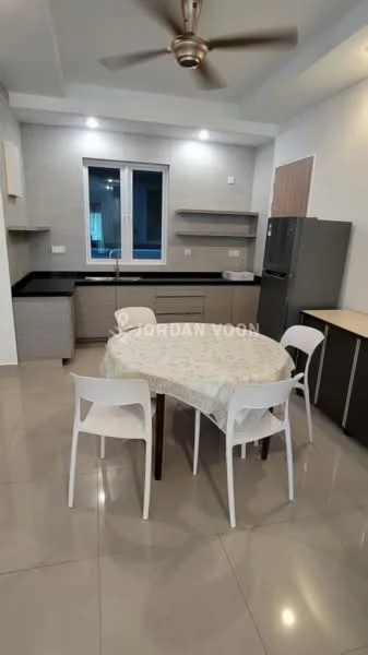 Kitchen features: grey cabinetry, black countertop, stainless-steel fridge, 4-seater dining table, white plastic dining chairs, ceramic tile flooring, recessed downlights, floor-to-ceiling window, ceiling fan, open shelving; style: modern.