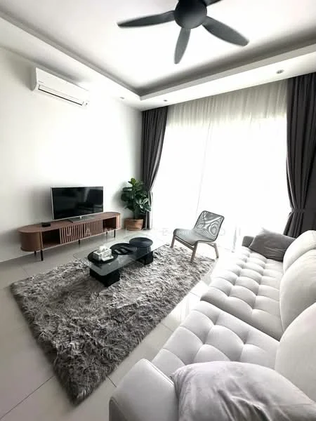 Living features: 3-seater fabric sofa in light grey, coffee table with black surface, area rug with shaggy texture, wall-mounted TV, TV console with wooden finish, floor-to-ceiling windows, sheer curtains, ceiling fan, air conditioning unit, decorative houseplant, accent chair with wooden legs, recessed lighting, white painted walls, light-colored tiled flooring; style: modern.
