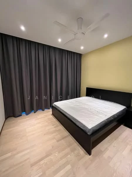 Bedroom features: queen-size bed frame, wooden flooring, grey curtains, recessed downlights, ceiling fan, plain yellow painted wall, dark wood bedside table, empty mattress, minimalist decor; style: modern.