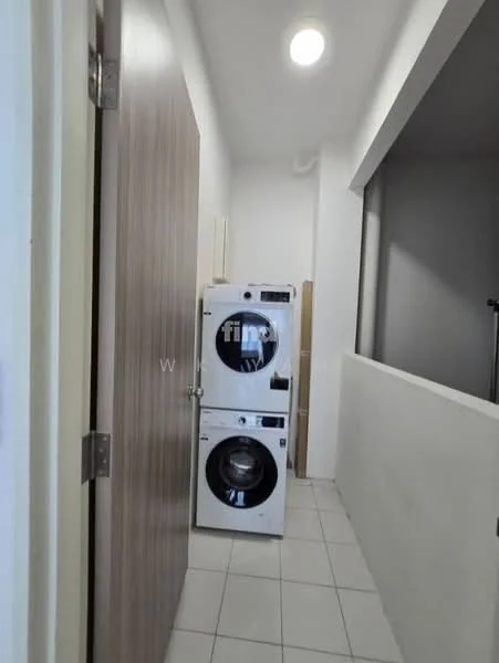 Laundry features: stacked front-load washing machine, stacked tumble dryer, white cabinetry, white walls, tile flooring, recessed ceiling light; style: modern.