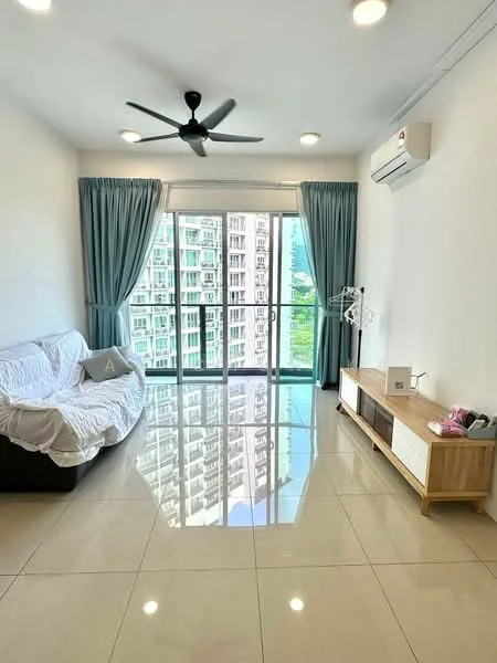 Living features: white painted walls, glossy tile flooring, 5-blade ceiling fan with light, floor-to-ceiling windows, sliding glass door, sheer curtains, light wood TV console, white sofa with throw pillows, decorative wall art, air conditioning unit; style: modern; view: city.