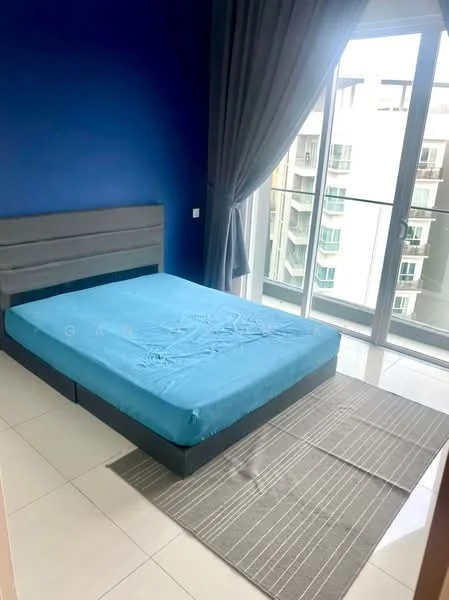 Bedroom features: blue accent wall, grey upholstered bed frame, queen-size bed, light blue mattress, floor-to-ceiling windows, sheer curtains, grey area rug, white tiled flooring; style: modern; view: city.