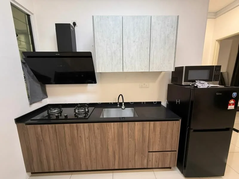 Kitchen features: black countertop, wood cabinetry, stainless-steel sink, chrome faucet, built-in gas hob with two burners, black range hood, black refrigerator, microwave, white tiled backsplash, white walls, tile flooring; style: modern.