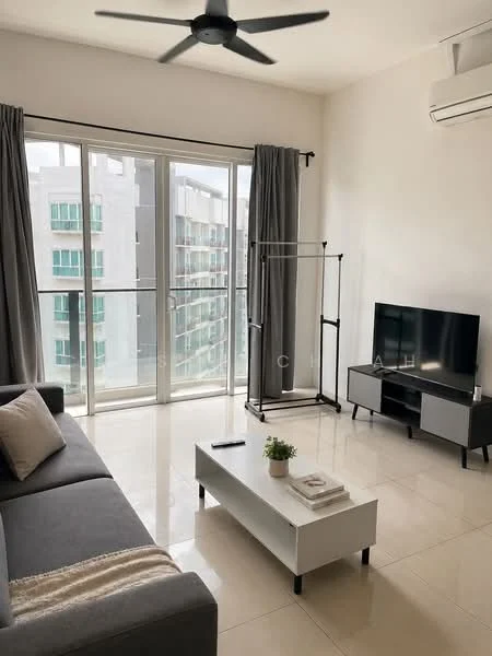 Living features: 3-seater fabric sofa in grey, coffee table with white top and black legs, wall-mounted TV, TV console in grey, floor-to-ceiling windows, sliding glass door, sheer curtains, ceiling fan, wall-mounted split AC, light-colored tiled flooring, decorative plant on coffee table, clothes rack; style: modern; view: city.