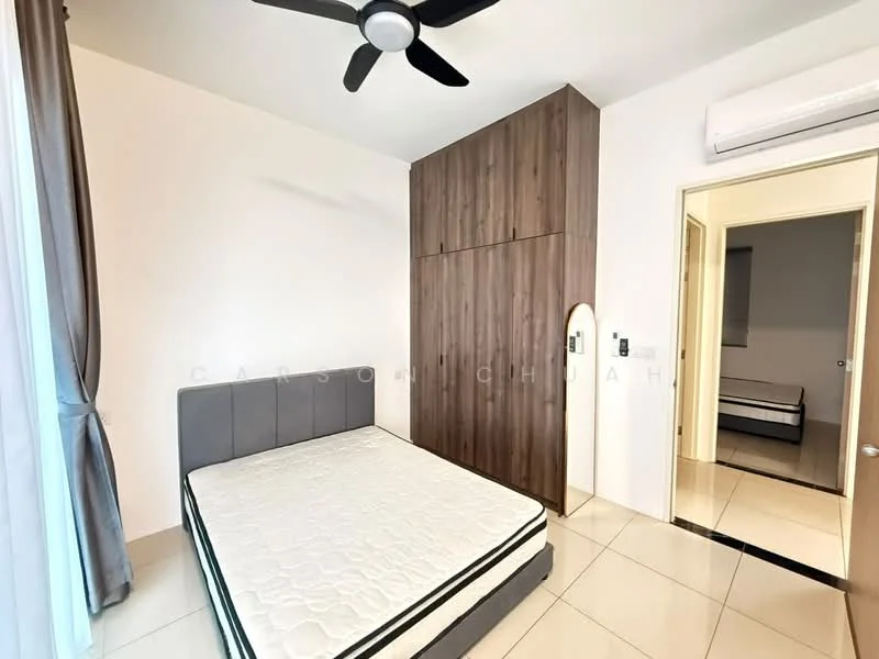 Bedroom features: queen-size bed, upholstered headboard, built-in wardrobe with wood finish, floor-to-ceiling window with sheer curtains, ceiling fan, wall-mounted air conditioning unit, tile flooring, neutral painted walls; style: modern.