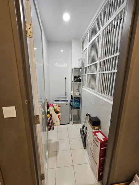 Laundry features: white tiled flooring, white painted walls, glass sliding door, built-in shelving unit, washing machine, storage boxes, hanging space for clothes, light fixture on ceiling; style: modern.